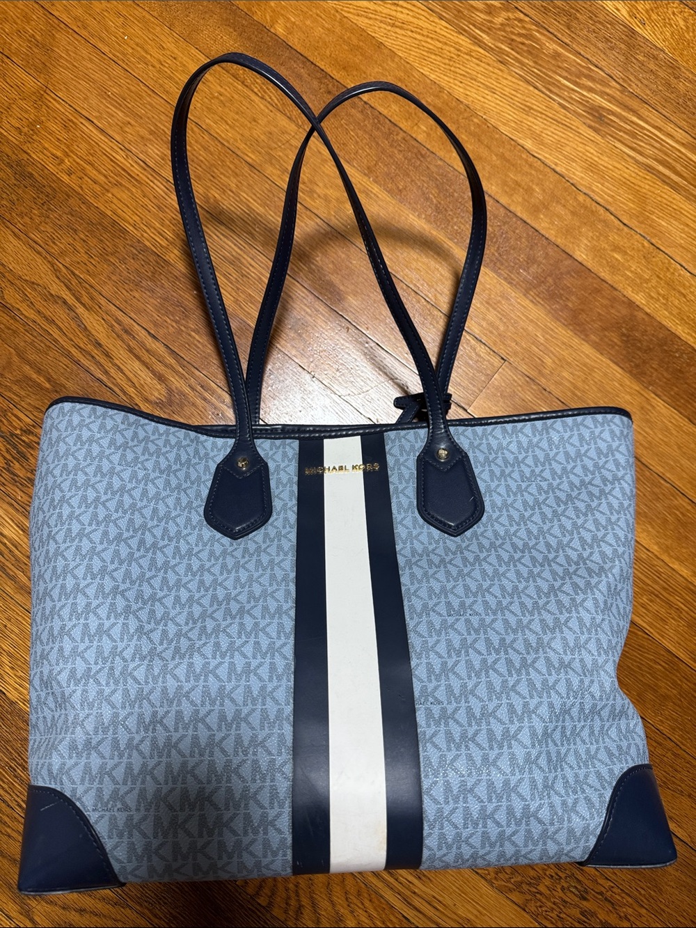 Michael Kors Light Blue and Navy MK Logo Stripe Tote